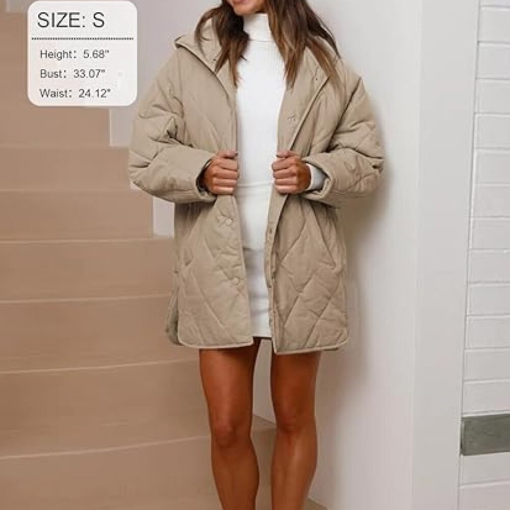 Women Oversized Snap Quilted Casual Hooded Loose Fit Winter Coat w/ Pockets Sz L - Picture 4 of 6